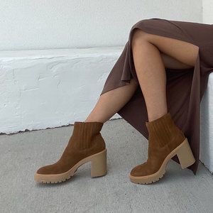DOLCE VITA Women's Caster H2O Lug Sole Cheslea Booties in CAMEL SUEDE